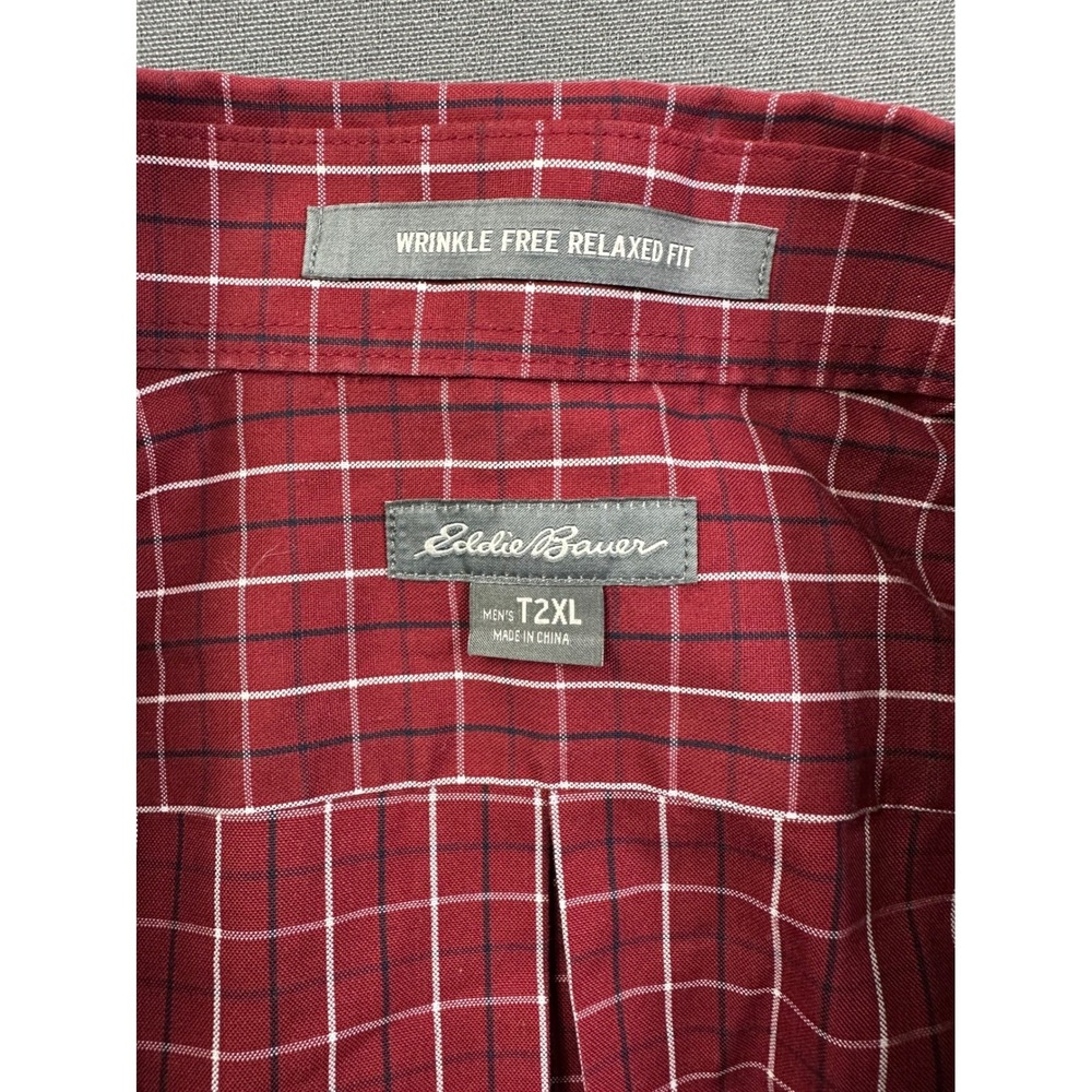 Eddie Bauer Men T2XL Red Plaid Wrinkle Free Relaxed Fit Long Sleeve Button Shirt